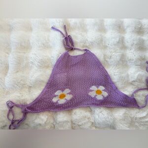 Purple Crochet Mesh Halter Top with Daisy Detail